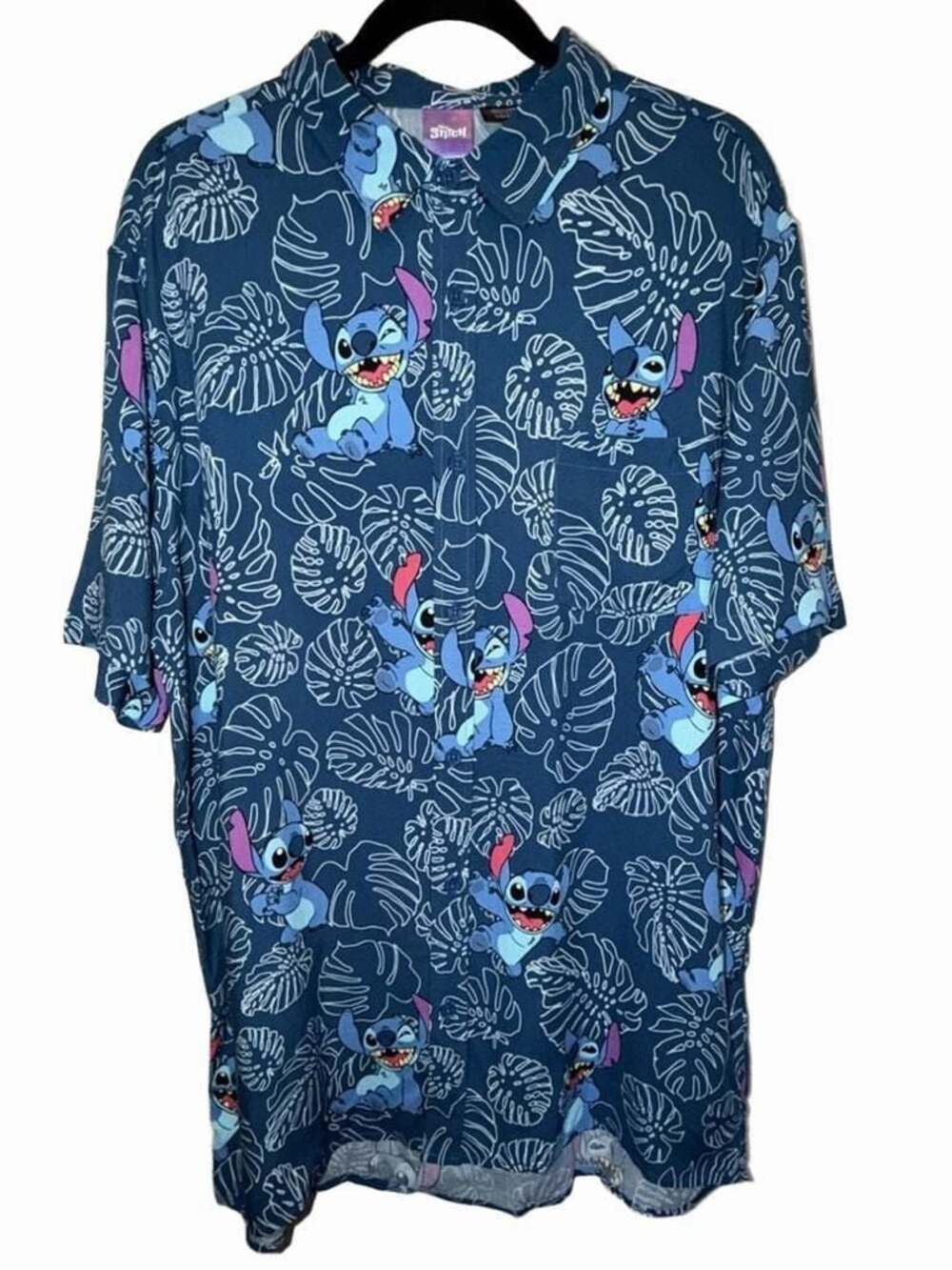 Disney Stitch Woven Hawaiian Button-Up Shirt Navy Tropical Leaves